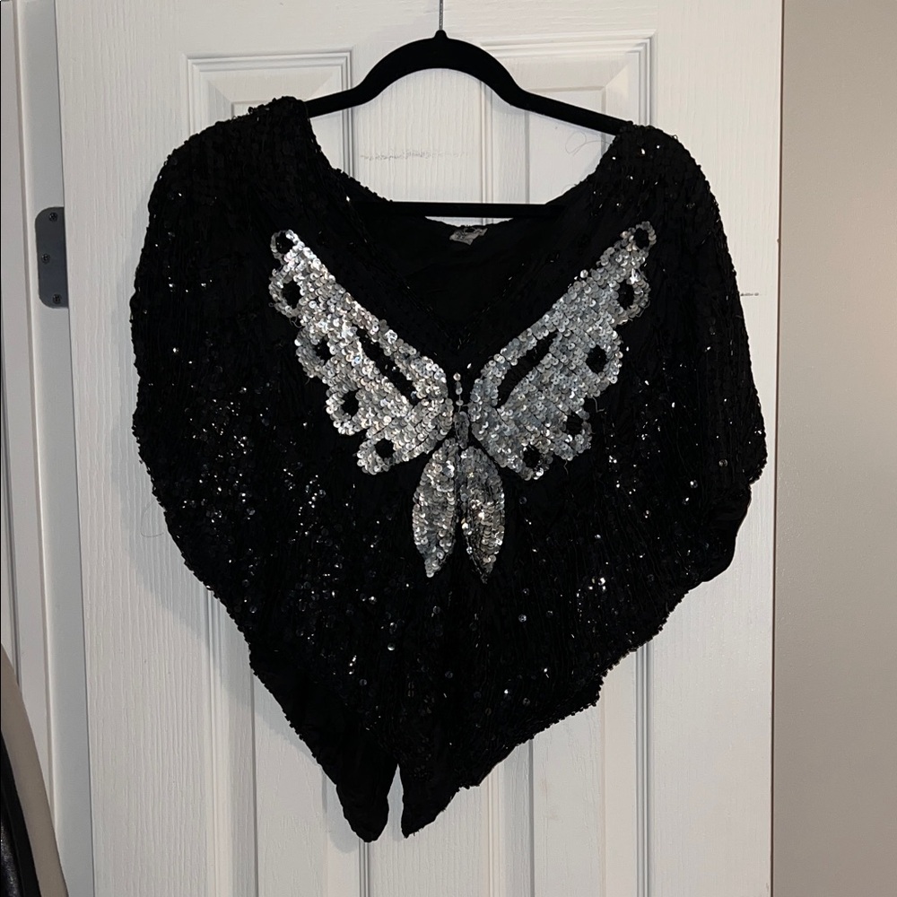 Vintage Black Sequin Poncho Top with Silver Butterfly Design 100% Silk
